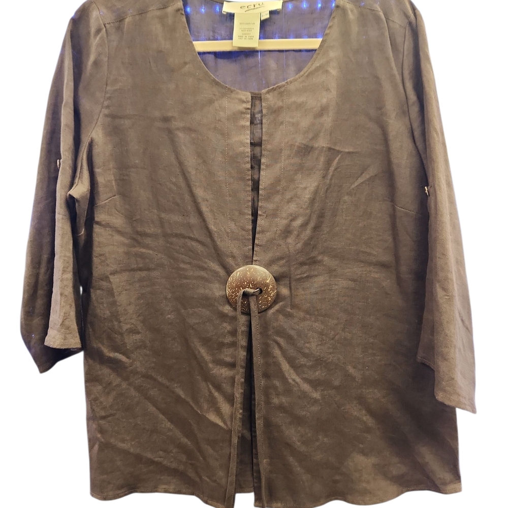 Ecru 100% Linen  Brown Blouse with Decorative Button (D1)